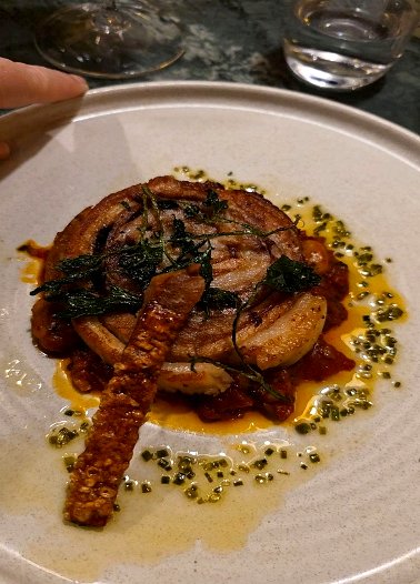 Braised pork belly with white beans served at a Rioja wine dinner in Winchester