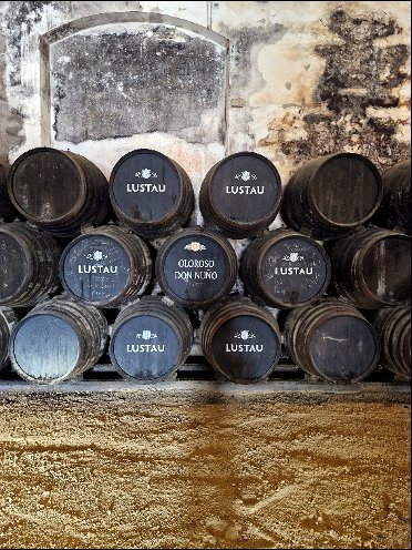 Stacked Lustau wine barrels in a traditional cellar, showcasing ageing wines featured at a Chesil Rectory wine dinner in Winchester
